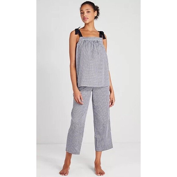 KATE SPADE NEW YORK Mini Gingham Cropped Wide Leg Pajama Set L Pockets Cotton - Picture 6 of 13